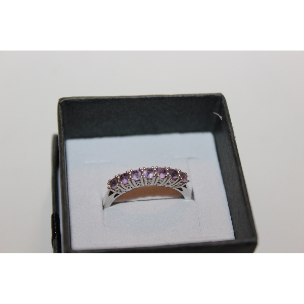 Sterling Silver Amethyst Gemstone Band Ring Size 6.5 Purple Round Cut 7 Stone